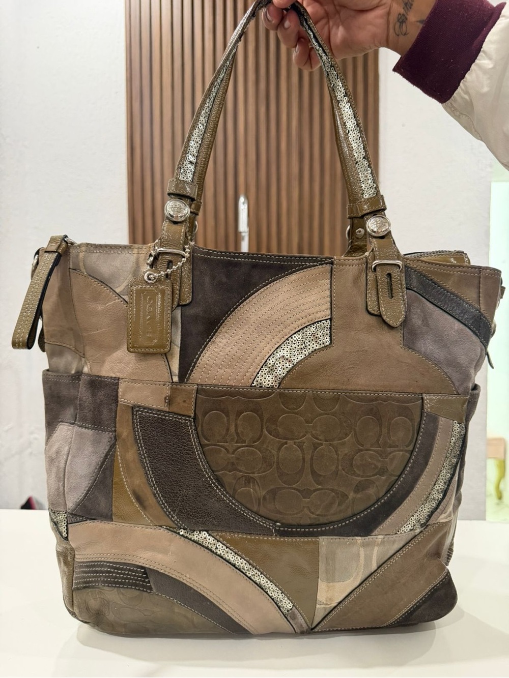 RARE Coach Signature Patchwork Green Brown Leather Suede Metallic Sequin Tote